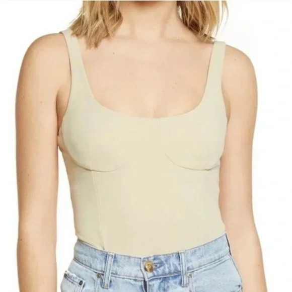 Wayf Tops - Wayf Corset Style Cupped Bodysuit Thong Beige/Tan